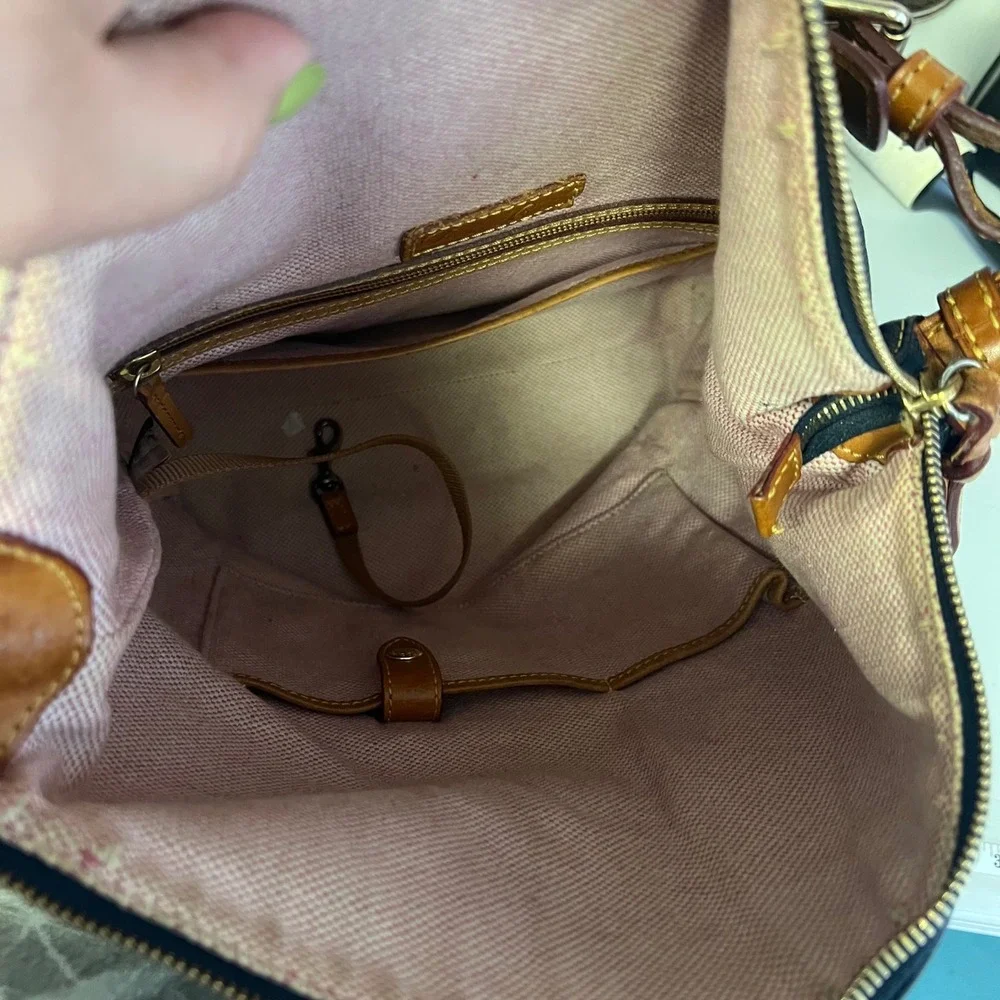 Dooney & Bourke Navy Blue Pebbled Leather Hobo Bag Tan Trim Braided Strap